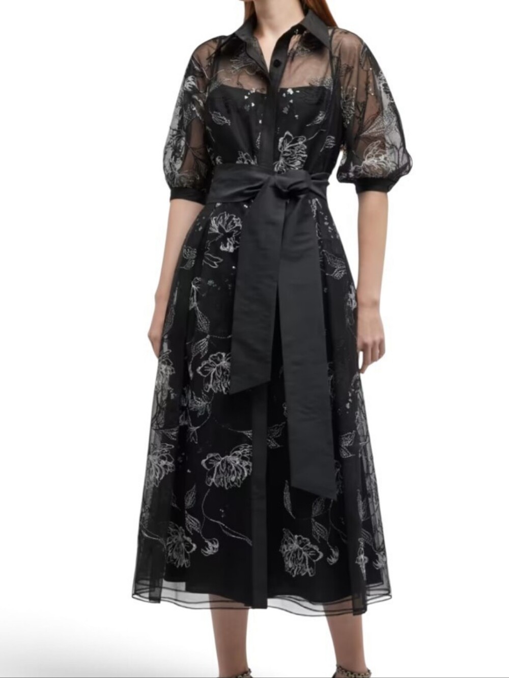 Nwot Rickie Freeman for Teri Jon Embroidered Puff-Sleeve Tulle Midi Dress Size 4